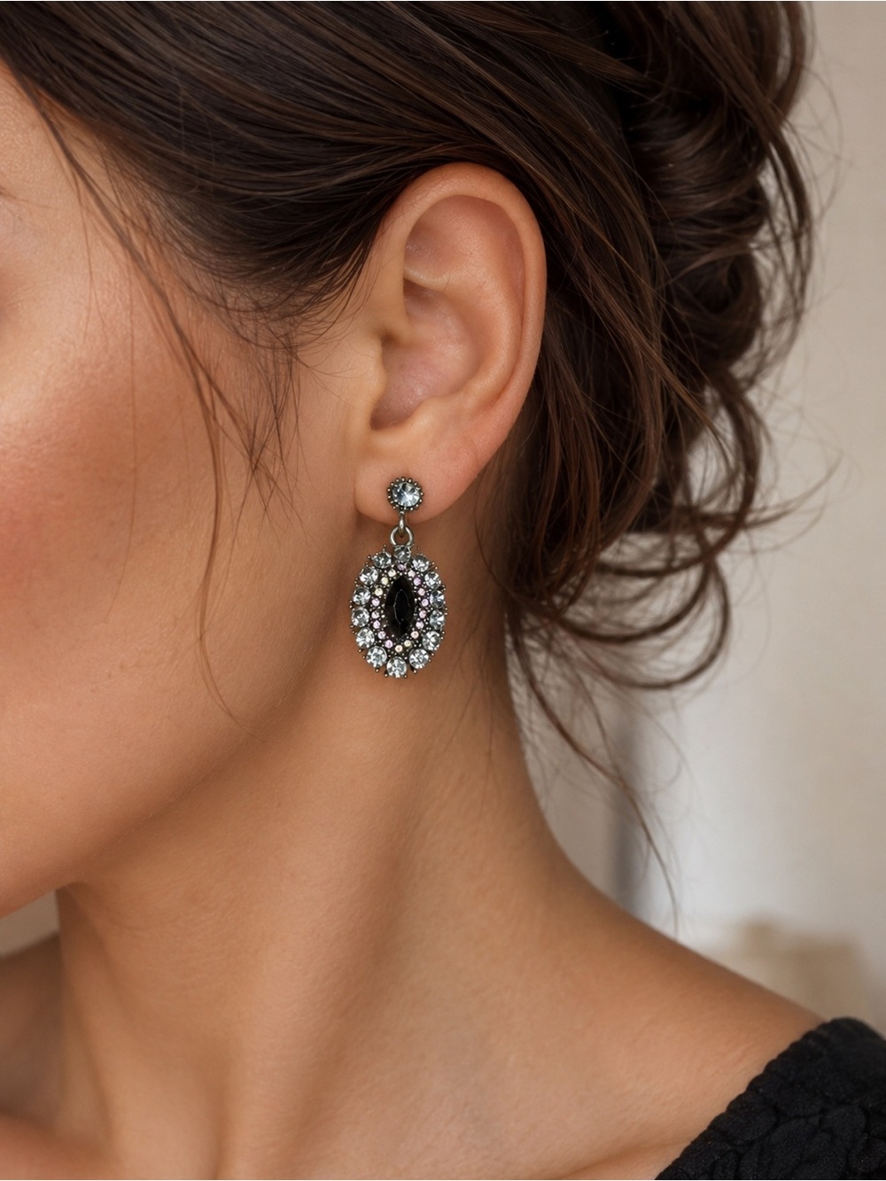 Elegant Black Crystal Drop Earrings with Clear Rhinestone Halo